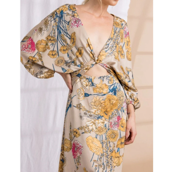 Lena Dresses & Skirts - Lena - Georgous Satin Colorful Floral cut out dress midi women's size small
